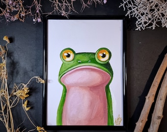 Yellow eyes frog before coffee -original acrylic painting, small size, Big eyes