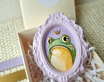 Princess Gertrude - Sad Frog - Acrylic painting, Mini gypsum frame, Smal painting, Gold crown, pastel colors, Before coffee