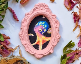 Octopus Pink - Acrylic painting, Mini gypsum frame, Ocean animal, Sweet, Painting to hang on the wall, Violet frame, Ocean, Mini gift