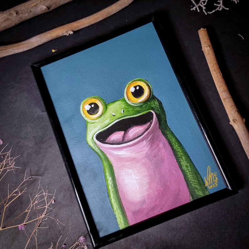 Happy frog after coffee original acrylic painting, small size, Big eyes image 3