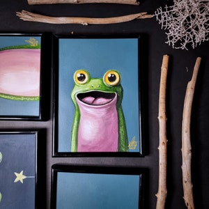 Happy frog after coffee original acrylic painting, small size, Big eyes image 1