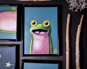 Happy frog after coffee -original acrylic painting, small size, Big eyes