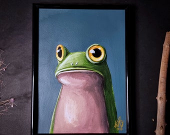 Before coffee Frog -original acrylic painting, small size, Big eyes