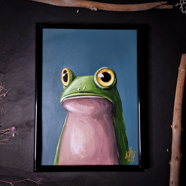 Before coffee Frog original acrylic painting, small size, Big eyes image 1