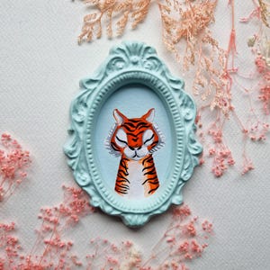 Tiger in Mint • Wild cat • Original Acrylic painting • Painting to hang on the wall • Hand made frame • Mini gift • Small Gift •