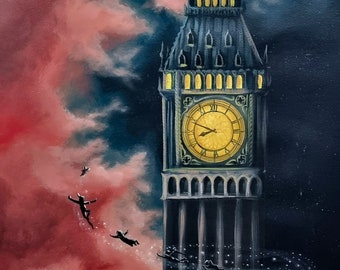 Peter Pan and Big Ben - Original Painting, Wanderer, Chaotic clouds, Akryl, Fairytale, Best Childen room interior