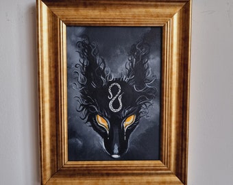 Black Wolf in gold - original acrylic painting, small size, Magic, Ouroboros, Fox, Dark atmospher