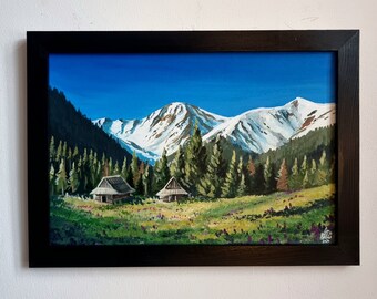 Tatra Mountain Hala Gasienicowa - Original Painting with regional wooden house, Polskie Tatry, Akryl