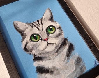 Weird Cat - Acrylic painting portrait, Sweet cat, Big Green Eyes, Psychedelic