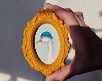 Norwegian Goose - Acrylic painting, Mini gypsum frame, Yellow Sweet, Painting to hang on the wall, Adorable frame, Pets, Farm Animals