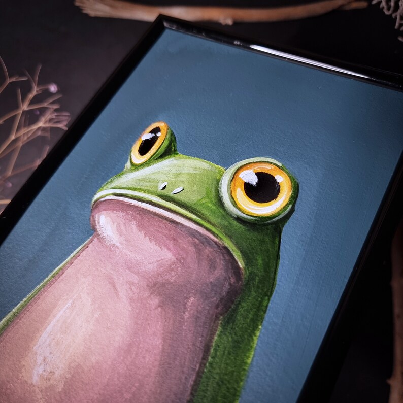 Before coffee Frog original acrylic painting, small size, Big eyes image 4