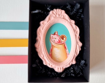 Tiffany Frog Egzotic II • Peinture acrylique • Tableau à accrocher au mur • Cadre rose • Mini cadeau • Petit Cadeau • Tableau doux • Menthe