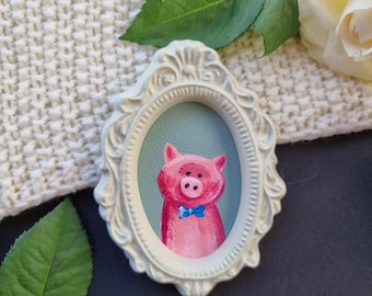 Pink PIG, Small Acrylic Painting, Green, Glucksbringer, Painting to hang on the wall, Baroque frame, Mini gift