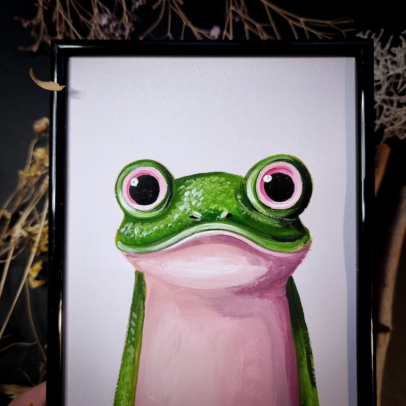 Pink eyes frog original acrylic painting, small size, Big eyes image 2