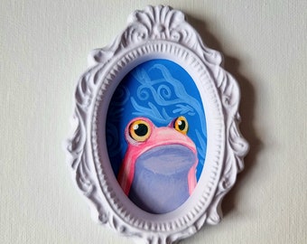 Sad Wonder Pink Blue Frog • Acrylic painting • Painting to hang on the wall • Pink frame • Mini gift • Small Gift • Sweet painting