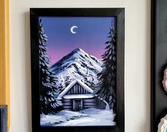 Winter Mountain House // Original Acrylic Painting // Violet Sunset // Trees in a winter scenery