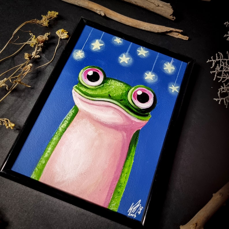 Christmas After Coffee Frog original acrylic painting, small size, Big eyes image 2