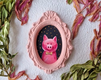 Sweet Piggy • Gold Pink • Original Acrylic painting • Painting to hang on the wall • Baroque frame • Small Gift