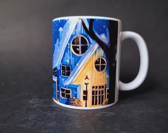 Cottages at Night, Mug, monkey mug, Cornflower blue, funny gift, 330 ml, Coffee, Coffee Lover, Tea lover