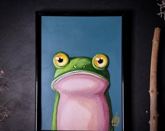 Yellow eyes frog before coffee II -original acrylic painting, small size, Big eyes