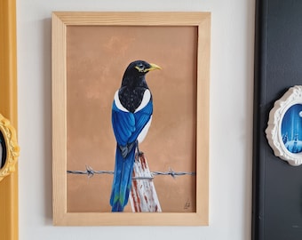 MAGPIE // Original Acrylic painting // Animal portrait // A4 // Wooden frame // Bird Painting