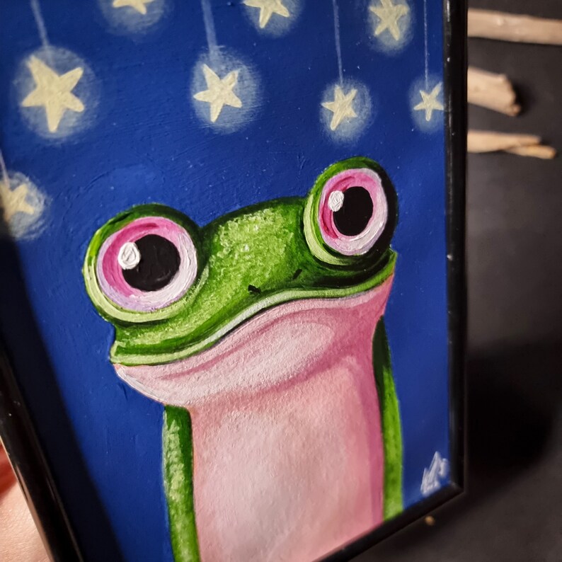 Christmas After Coffee Frog original acrylic painting, small size, Big eyes image 3