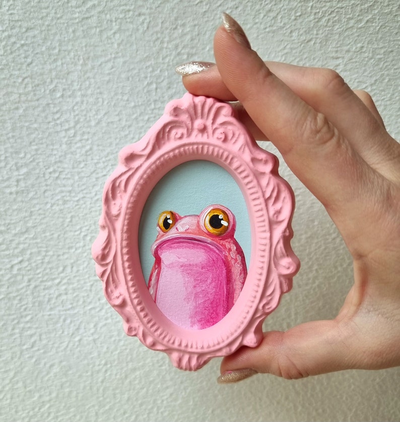Pink Frog Acrylic painting, Mini gypsum frame, Sweet painting, Lake colors, Pocket size image 9