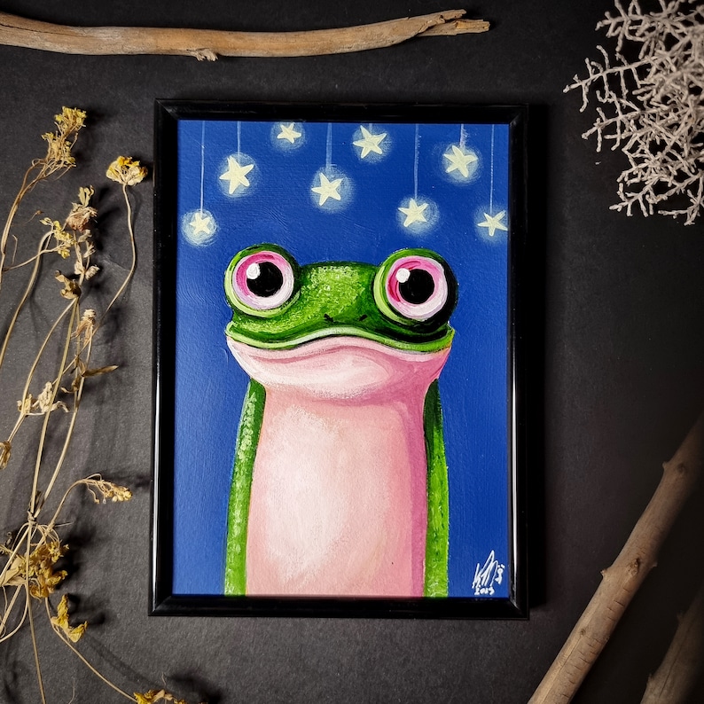 Christmas After Coffee Frog original acrylic painting, small size, Big eyes image 1
