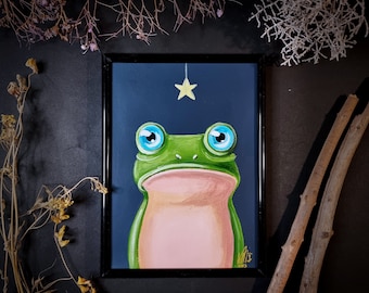 Christmas frog before coffee -original acrylic painting, small size, Big eyes