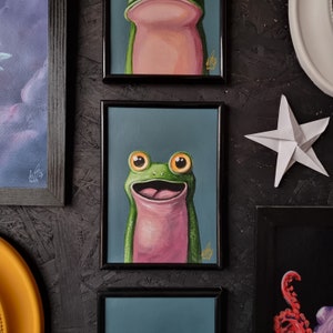 Happy frog after coffee original acrylic painting, small size, Big eyes image 7