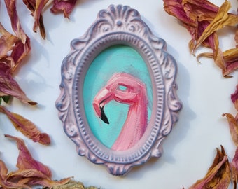 Pink Flamingo - Acrylic painting, Mini gypsum frame, Fantasy animal, Sweet, Painting to hang on the wall, Baroque frame, flamingo bird, Gift
