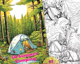 50 Página para colorear de camping de verano / Pdf imprimible / Página para colorear para adultos de Fairy House / Descargar Pdf instantáneo / Libro para colorear de hadas