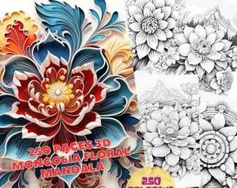 250 flores de Mongolia en 3D, páginas para colorear de mandalas de flores para adultos, libro para colorear de mandalas para niños, libro para colorear imprimible