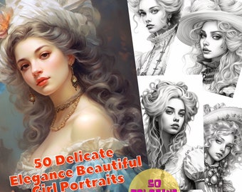 50 Delicada Elegancia Chica / Libro para colorear / Adulto Imprimible / Páginas para colorear para niños Descarga Instantánea Escala de Grises / Peinado / Ilustración PDF