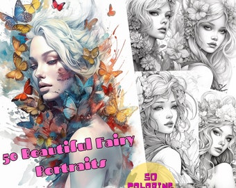 50 Beautiful Fairy Portraits Coloring Book for Adults and Children. Grayscale Printable PDF Coloring Pages. Instant download