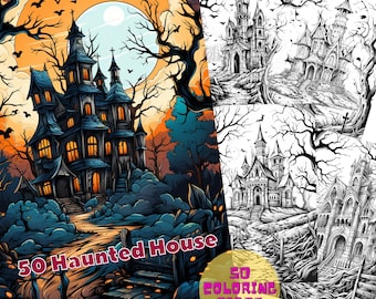 50 Halloween Haunted House, Halloween Coloring Book for Adults and Children. Grayscale Printable PDF Coloring Pages. Instant download