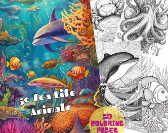 50 海の生き物のぬり絵、大人向け即時ダウンロード - グレースケールのぬり絵ページ - 印刷可能な PDF、水中、クラゲ、タコ、魚、海の生き物