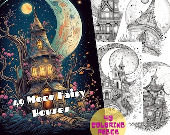 49 Página para colorear de Moon Fairy Houses / Pdf imprimible / Página para colorear para adultos de Fairy House / Descargar Pdf instantáneo / Libro para colorear de hadas