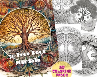 May include: A coloring book with 50 tree root mandala designs. The cover features a colorful illustration of a tree root mandala with a yellow, orange, and brown color scheme. The text "50 Tree Root Mandala" is visible on the cover.