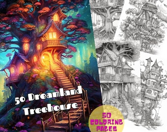 50 Página para colorear Dreamland Treehouse / Pdf imprimible / Página para colorear para adultos Dreamland Treehouse / Pdf instantáneo / Libro para colorear de hadas