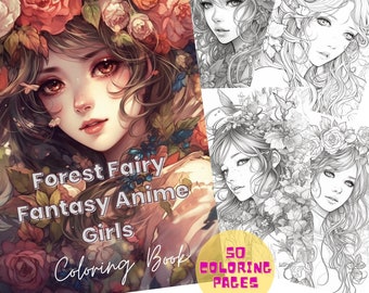 50 Delicate Forest Fairy Fantasy Anime Girls Coloring Book for Adults and Children. Grayscale Printable PDF Coloring Pages. Instant download