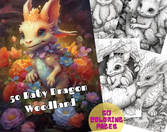 50 Página para colorear de Baby Dragon Woodland / Pdf imprimible / Página para colorear para adultos de Fairy Baby Dragon / Descargar Pdf instantáneo / Libro para colorear de dragones