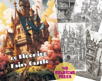 49 Libro para colorear Blooming Fairy Castle para adultos y niños. Páginas para colorear en PDF imprimibles en escala de grises. Descarga instantánea