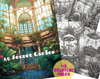 49 Secret Garden Malbuch für Erwachsene und Kinder. Graustufen druckbare PDF Malseiten. Sofortiger Download