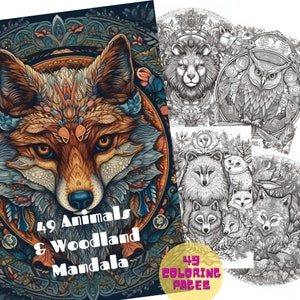 49 Tiere Waldland Mandala Malbuch für Erwachsene und Kinder. Graustufen druckbare PDF Malseiten. Sofortiger Download
