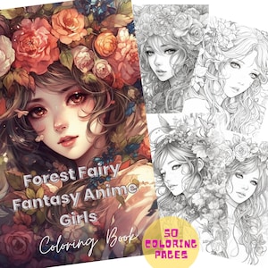 50 zarte Waldfee Fantasy Anime Mädchen Malbuch für Erwachsene und Kinder. Graustufen druckbare PDF Malseiten. Sofortiger Download