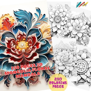 250 3D Mongolia Florals, Flower Mandala Coloring Pages for Adults, Mandala Coloring Book for Kids, Printable Coloring Book