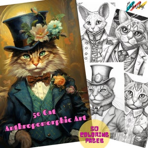 50 Cats Anthropomorphic Art Coloring Pages for Adults, Printable ...