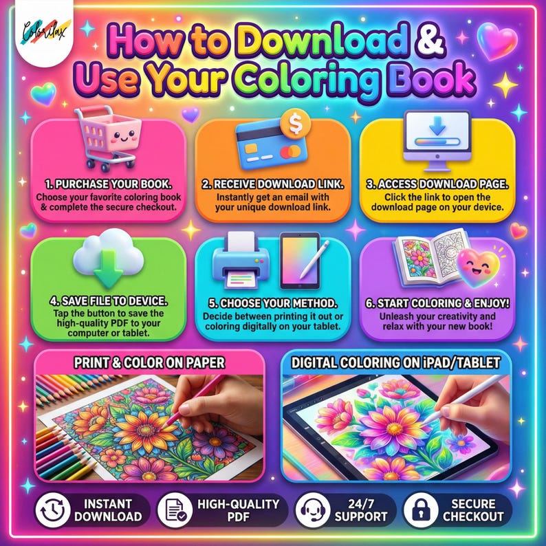 May include: A colorful graphic with instructions on how to download and use a digital coloring book. The steps include purchasing, receiving a download link, accessing the download page, saving the file, choosing a method, and starting to color. Includes icons for instant download, high-quality PDF, 24/7 support, and secure checkout.
