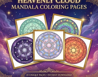 35 målarbilder med himmelska molnmandala, utskrivbara målarböcker för vuxna, himmelska mönster för stresslindring, direkt nedladdning